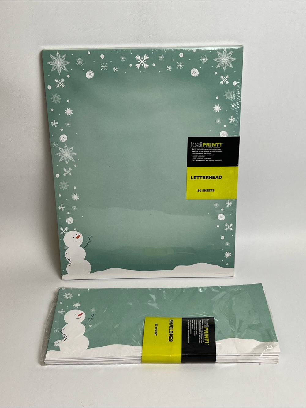 Snowman Letterhead & Envelopes - Green Holiday Stationery